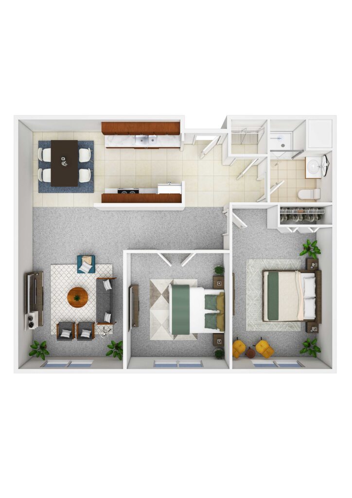 Spacious senior living apartment at Vista Prairie at Fieldcrest in Sheldon, IA, featuring a living room, bedroom, kitchen, bathroom, and walk-in closet, ideal for active seniors.