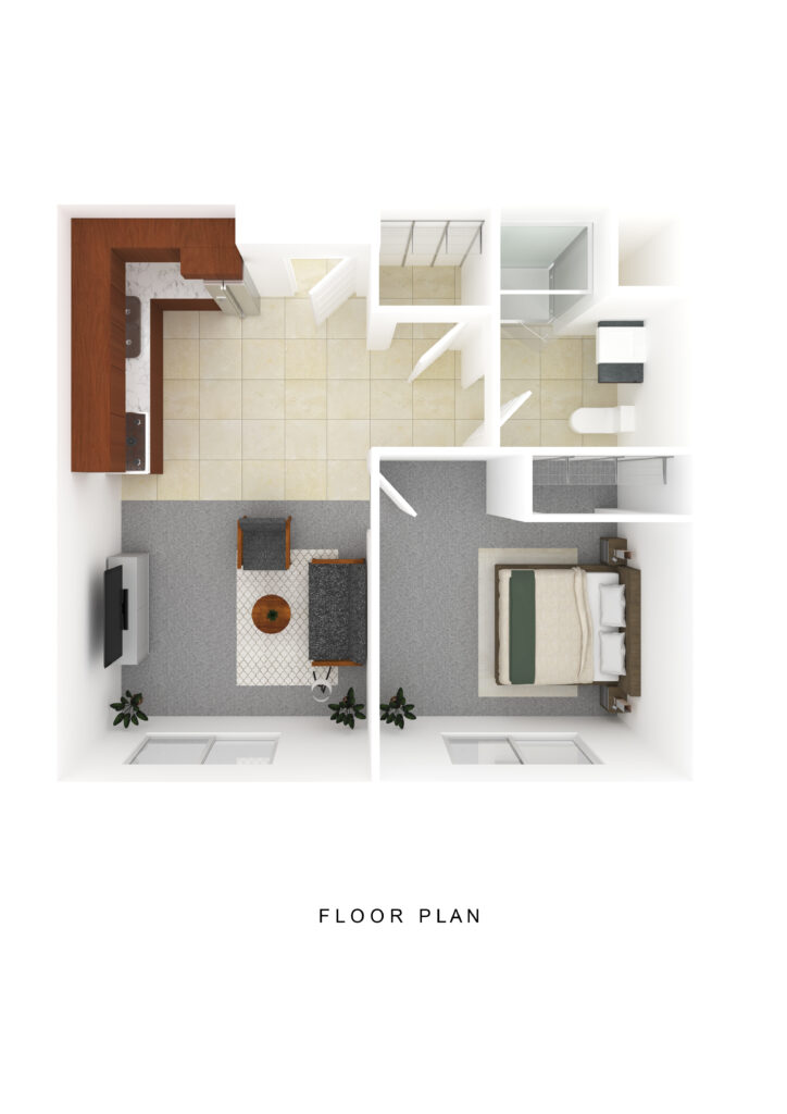 Modern senior living apartment floor plan at Vista Prairie at Fieldcrest, Sheldon, IA, featuring a spacious bedroom, living area, full bathroom, and open kitchen for comfortable senior housing.
