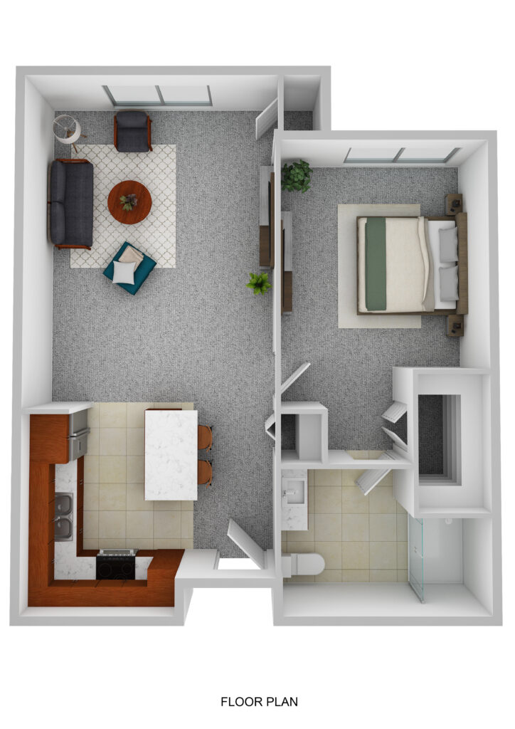 Modern senior living apartment floor plan at Vista Prairie at Fieldcrest in Sheldon, IA, showcasing spacious living room, bedroom, kitchen, and bathroom designed for comfortable senior living.