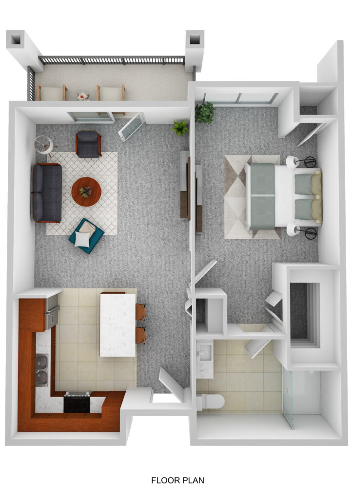 Cozy senior apartment floor plan at Vista Prairie Fieldcrest in Sheldon, Iowa, featuring a living room, bedroom, kitchen, bathroom, and a private balcony, ideal for senior living and assisted living communities.