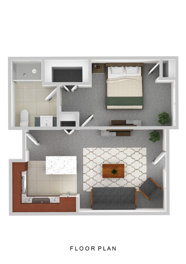 Spacious senior living apartment at Vista Prairie Fieldcrest in Sheldon, Iowa, featuring a comfortable bedroom, modern bathroom, and inviting living area for seniors.