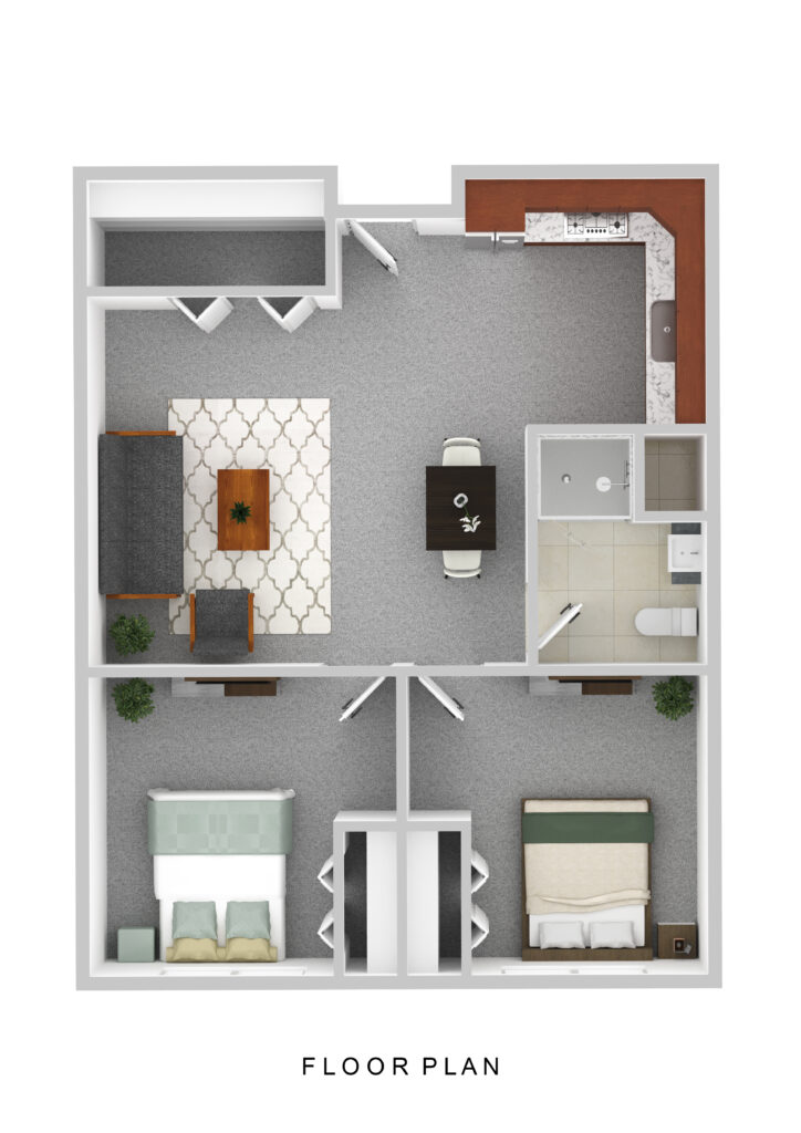 Spacious senior living apartment layout at Vista Prairie at Fieldcrest in Sheldon, Iowa, featuring two bedrooms, a kitchen, living area, and bathroom for comfortable independent senior living.