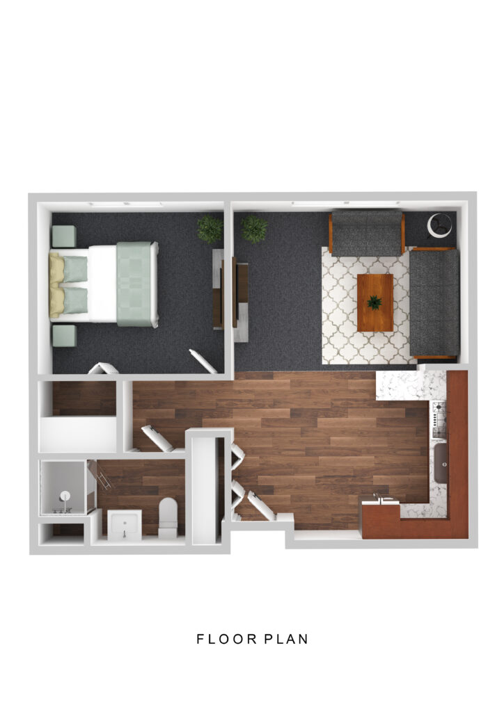 Bright senior apartment floor plan at Vista Prairie at Windmill Ponds in Alexandria, MN, featuring a bedroom, living room, kitchen, and bathroom, ideal for senior living and assisted living communities.