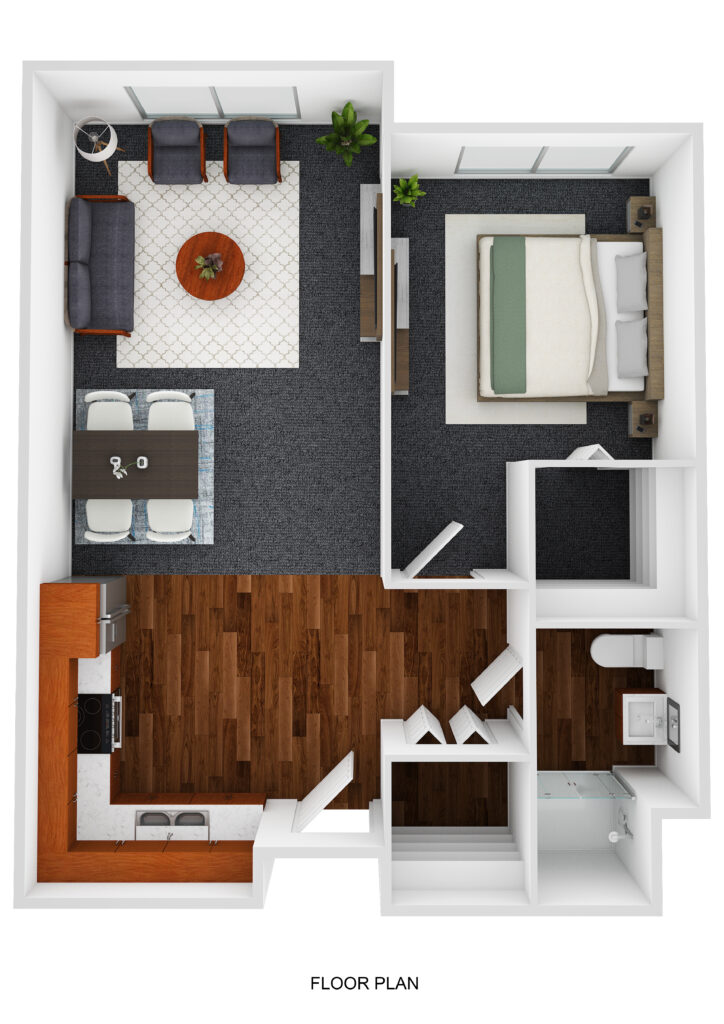 Comfortable senior apartment at Vista Prairie at Windmill Ponds in Alexandria, MN, featuring a living room, bedroom, kitchen, and bathroom, designed for senior living and assisted living needs.