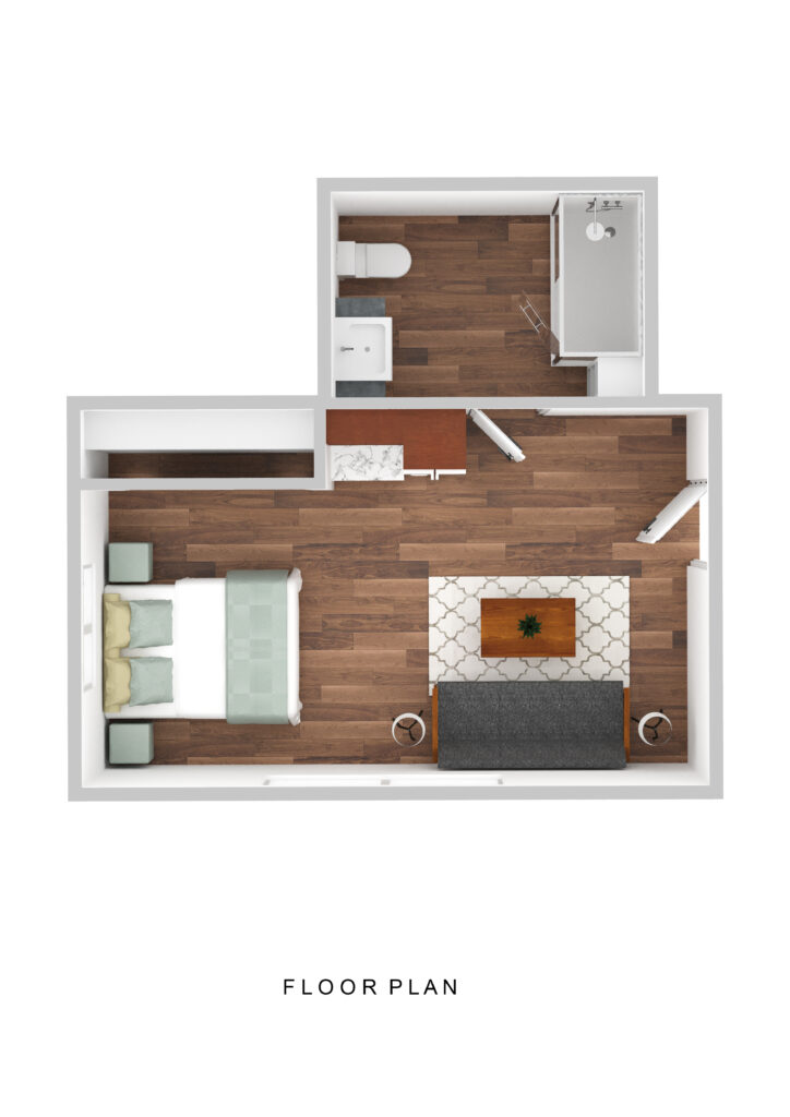 Bright senior apartment at Vista Prairie at Windmill Ponds featuring a spacious living area, cozy bedroom, modern kitchen, and accessible bathroom in Alexandria, MN.