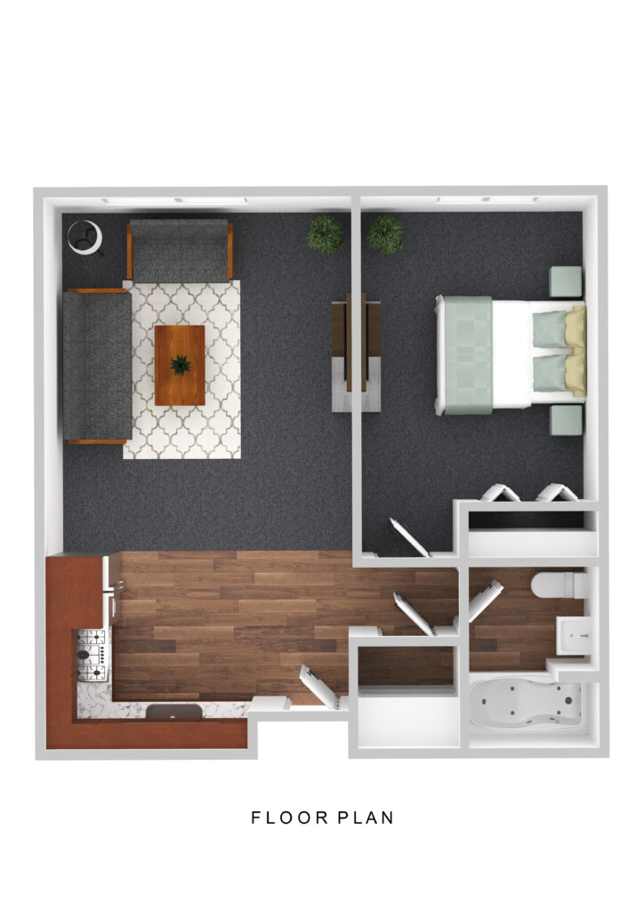 Cozy senior apartment floor plan at Vista Prairie at Windmill Ponds in Alexandria, MN featuring a living room, bedroom, bathroom, and modern kitchen for comfortable senior living.