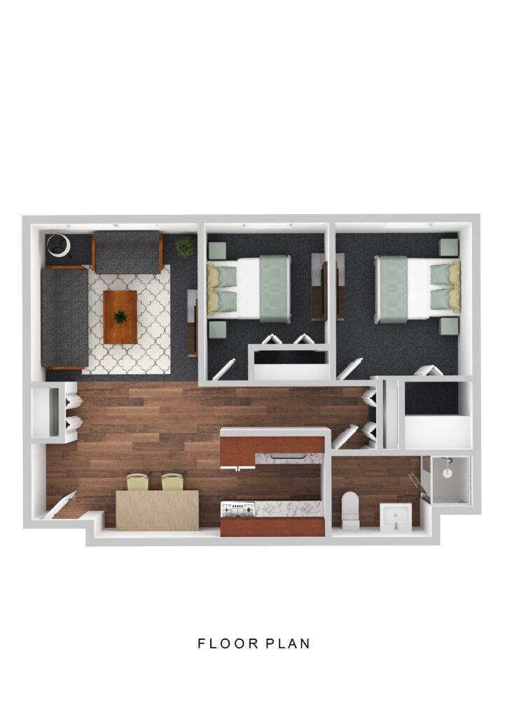 Spacious senior apartment floor plan at Vista Prairie at Windmill Ponds in Alexandria, MN, featuring two bedrooms, a living room, kitchen, and modern bathroom for comfortable senior living.