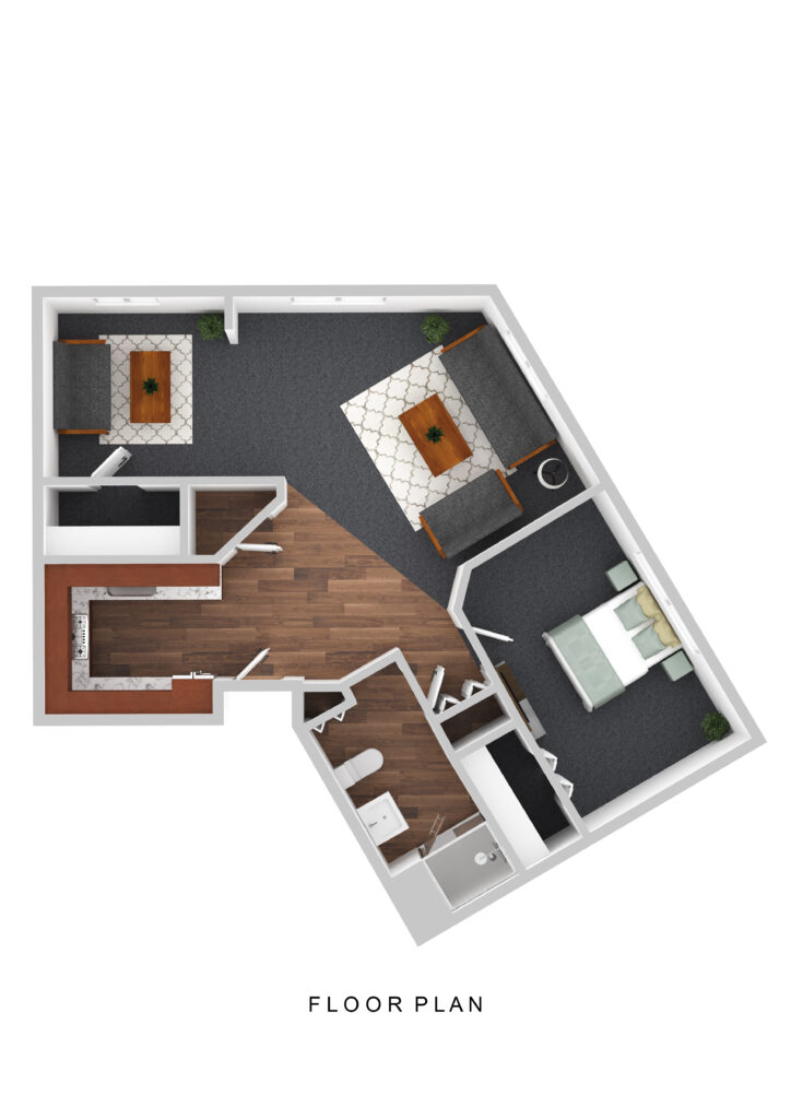 Spacious senior living apartment floor plan at Vista Prairie at Windmill Ponds in Alexandria, MN, featuring a bedroom, living room, kitchen, and bathroom designed for comfort and accessibility.