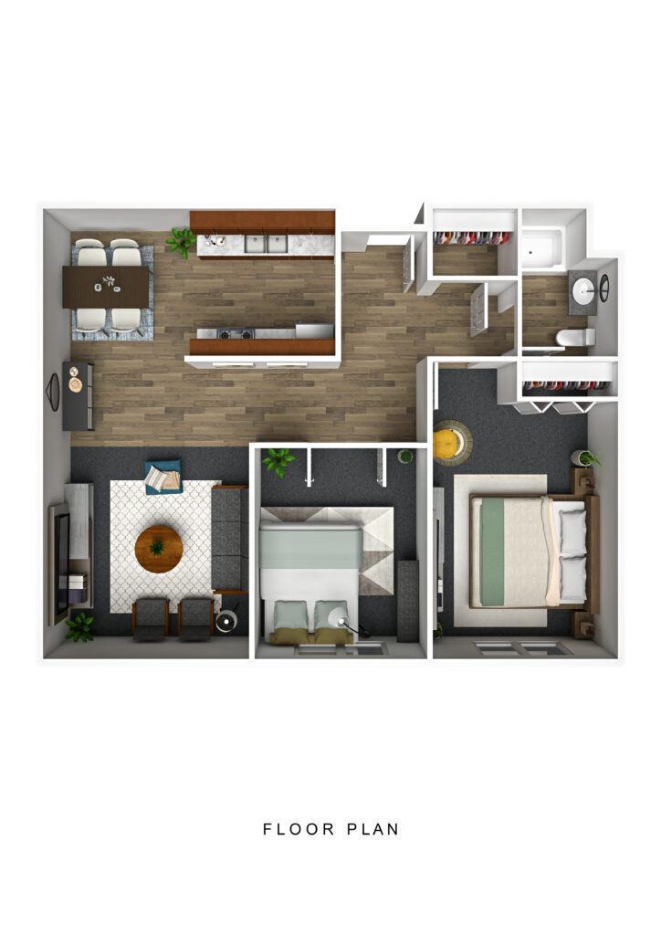 Bright senior apartment floor plan at Vista Prairie at Goldfinch Estates in Fairmont, MN, featuring spacious living area, modern kitchen, two bedrooms, and accessible bathroom, ideal for senior living.
