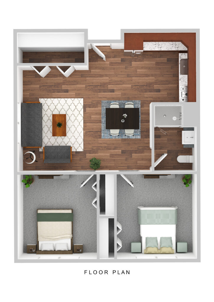 Bright senior living apartment floor plan at Vista Prairie at Goldfinch Estates in Fairmont, MN, featuring spacious bedrooms, modern kitchen, and comfortable living areas for seniors.