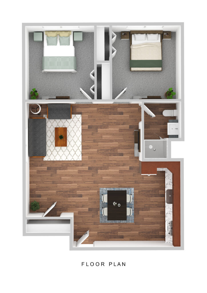 Spacious senior living apartment with two bedrooms, modern kitchen, and comfortable living area at Vista Prairie at Goldfinch Estates in Fairmont, MN.