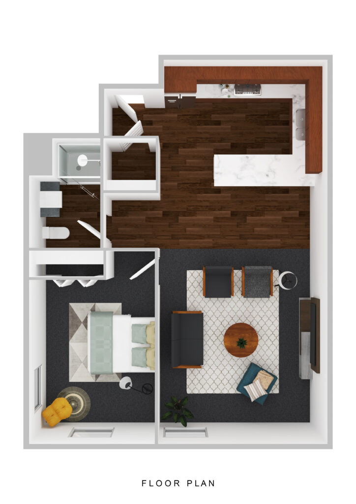 Modern senior apartment floor plan at Vista Prairie at Goldfinch Estates in Fairmont, MN, featuring a spacious living room, bedroom, kitchen, and bathroom for comfortable senior living.