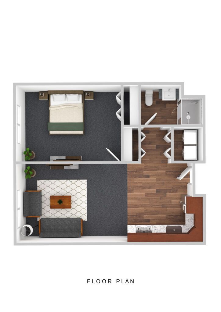 Cozy senior apartment floor plan at Vista Prairie at Goldfinch Estates in Fairmont MN, featuring a spacious bedroom, living area, full bathroom, and modern kitchen for independent senior living.