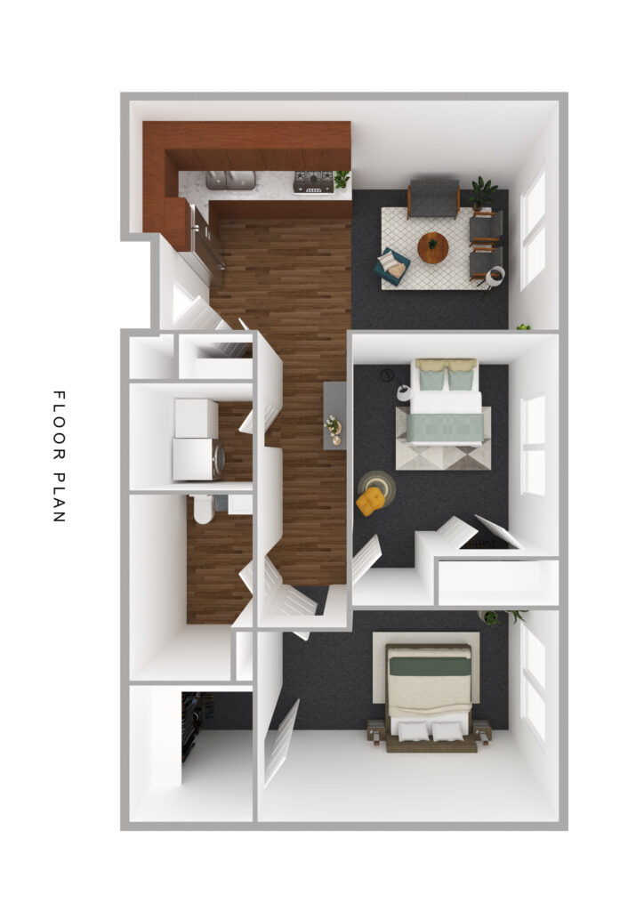 Spacious senior living apartment at Vista Prairie at Goldfinch Estates in Fairmont, Minnesota, featuring a modern kitchen, comfortable bedrooms, and cozy living areas for seniors.