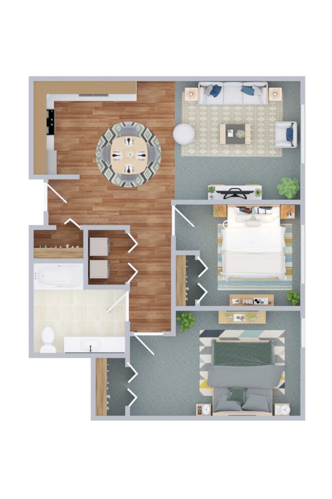 Spacious senior apartment floor plan at Vista Prairie at Goldfinch Estates in Fairmont, MN, featuring living room, bedroom, kitchen, and bathroom designed for comfort and accessibility.