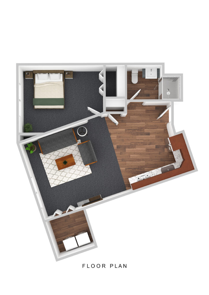 Bright senior living apartment floor plan at Vista Prairie at Goldfinch Estates in Fairmont, MN, featuring a cozy bedroom, living area, full bathroom, and open kitchen ideal for active seniors.