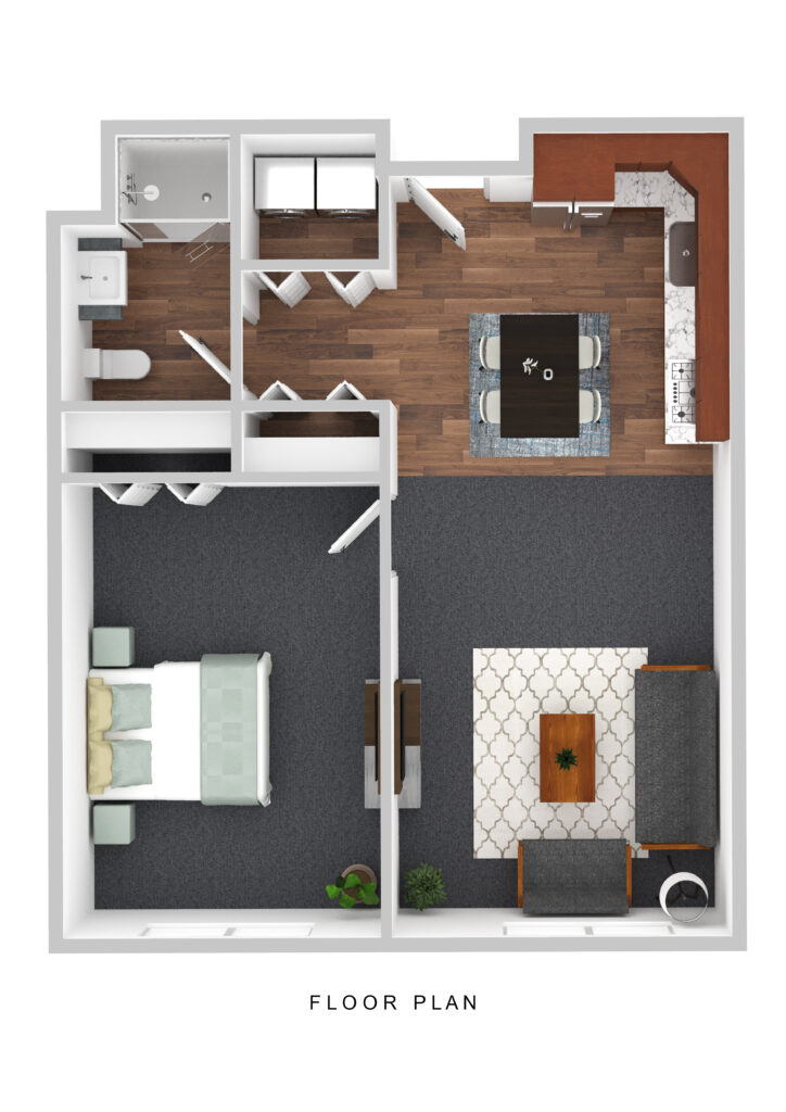 Cozy senior apartment floor plan at Vista Prairie at Goldfinch Estates in Fairmont, MN, featuring a comfortable bedroom, modern kitchen, and inviting living space designed for senior living.