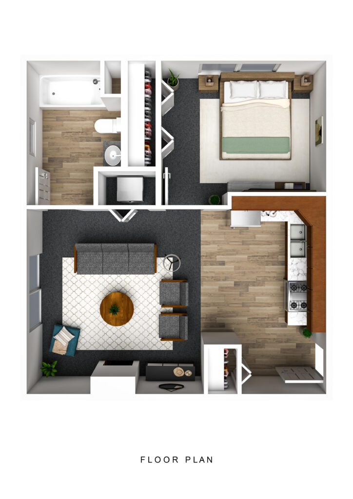 Modern senior living apartment at Vista Prairie at Goldfinch Estates in Fairmont, MN, featuring a spacious bedroom, open living area, and fully equipped kitchen.