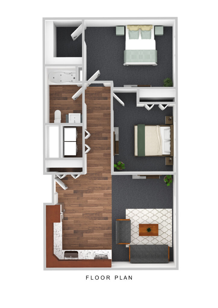 Bright senior apartment floor plan at Vista Prairie at Goldfinch Estates, featuring two bedrooms, a modern kitchen, and an inviting living space in Fairmont, MN.
