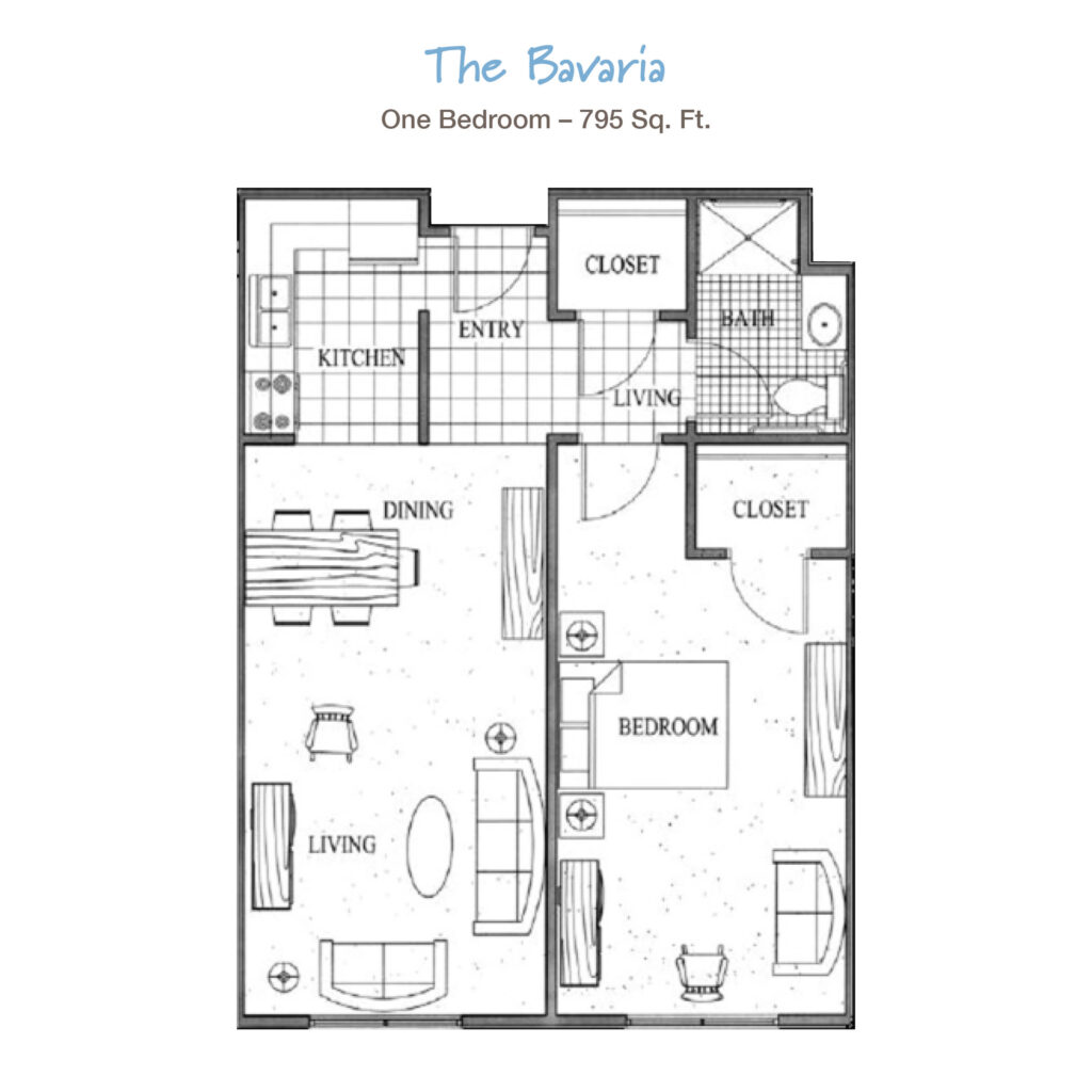 Cozy senior living apartment floor plan at Vista Prairie Ridgeway in New Ulm, MN, featuring a one-bedroom layout with modern amenities.