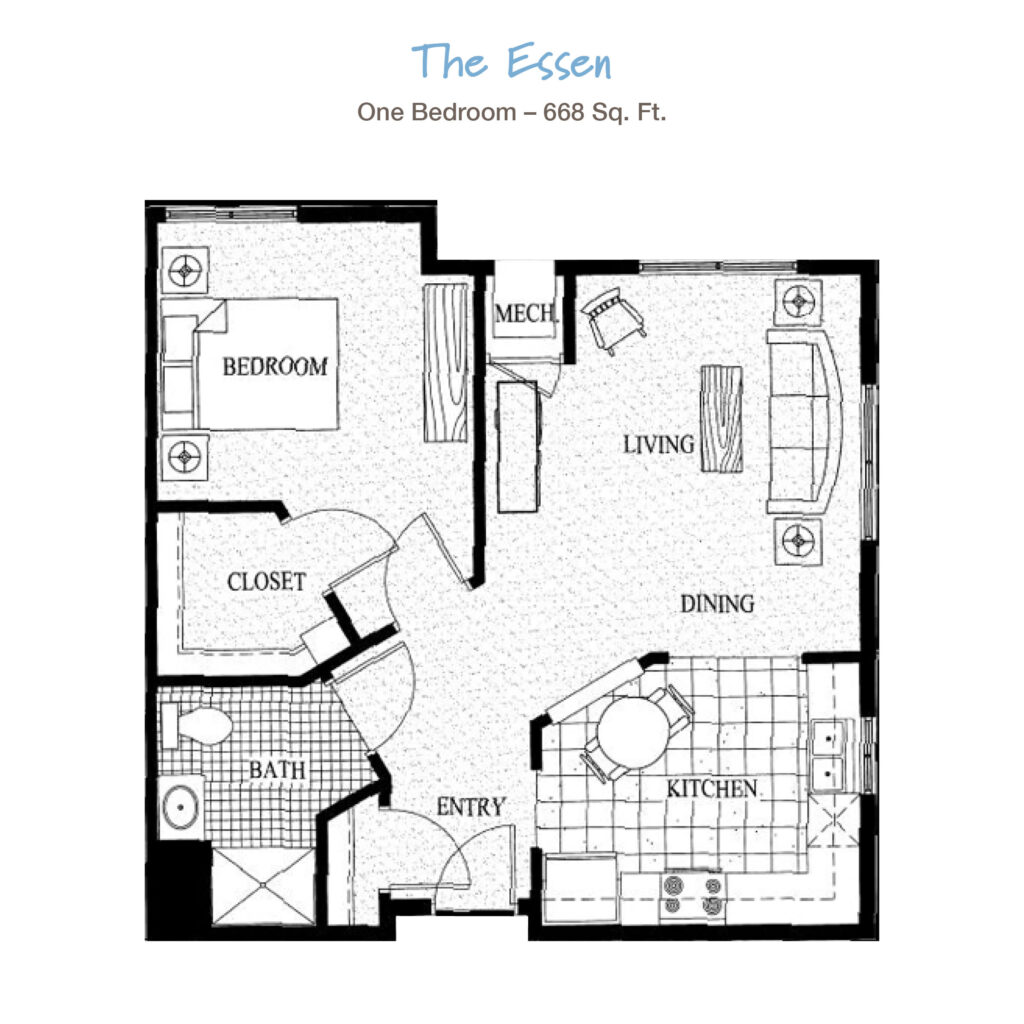 Spacious senior living apartment at Vista Prairie Ridgeway in New Ulm, MN, featuring one bedroom, living room, kitchen, and modern amenities for comfortable senior independence.