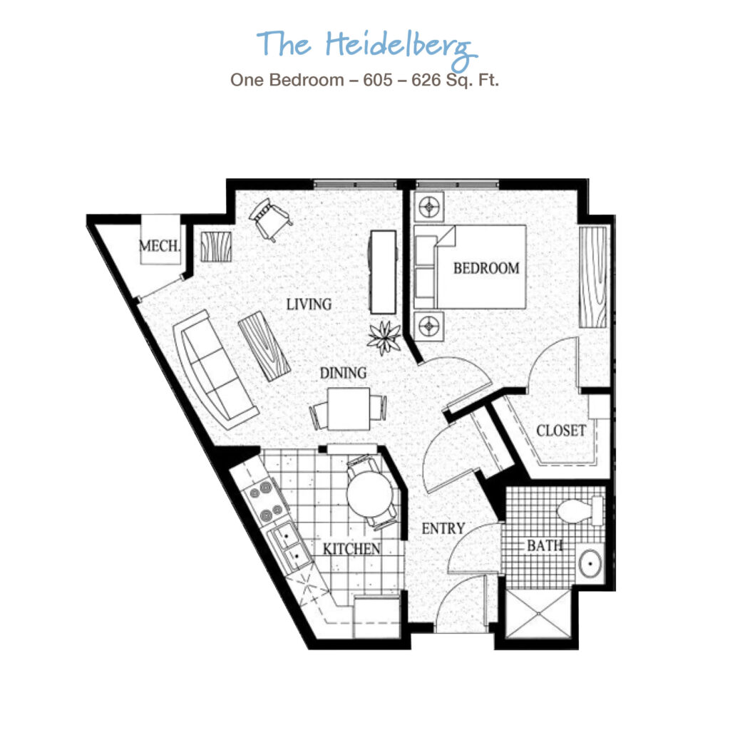 Cozy senior apartment floor plan at Vista Prairie at Ridgeway in New Ulm, MN showcasing one-bedroom layout with living, dining, kitchen, bathroom, and closet spaces for assisted living residents.