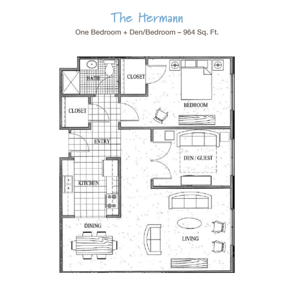 Senior living apartment floor plan at Vista Prairie Ridgeway in New Ulm, Minnesota featuring spacious one-bedroom + den/guest suite, ideal for independent seniors.
