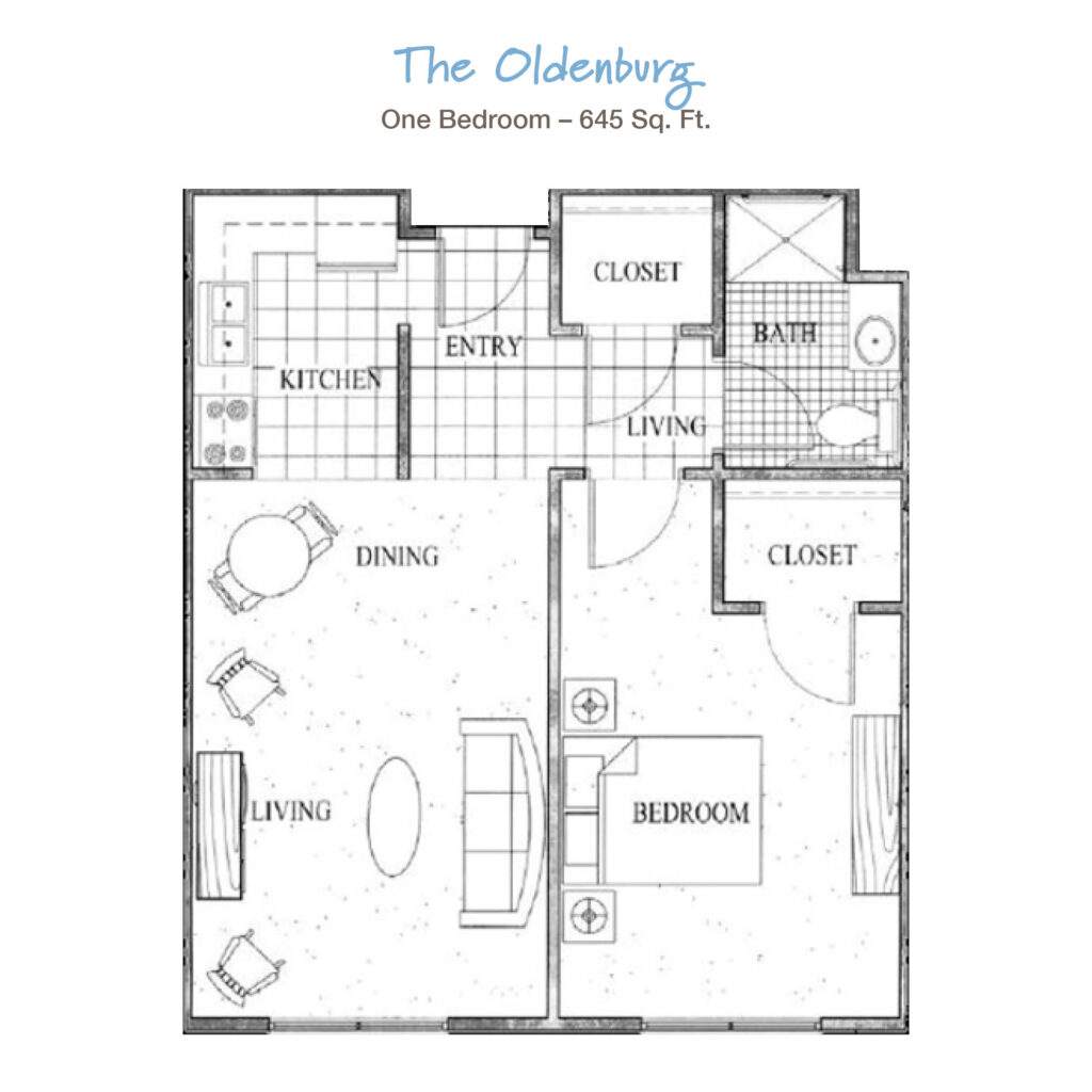 Modern senior living apartment floor plan at Vista Prairie at Ridgeway in New Ulm, Minnesota featuring one bedroom, fully equipped kitchen, living and dining areas, and accessible bathroom.