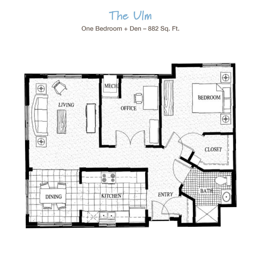 Bright and inviting senior living apartment at Vista Prairie at Ridgeway in New Ulm, MN, showcasing a spacious floor plan with bedroom, den, and modern amenities.