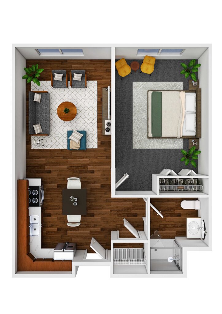 Cozy senior apartment at Vista Prairie North Pointe in North Mankato featuring a living room, bedroom, modern kitchen, and accessible bathroom. Ideal for senior living with comfortable, senior-friendly amenities.