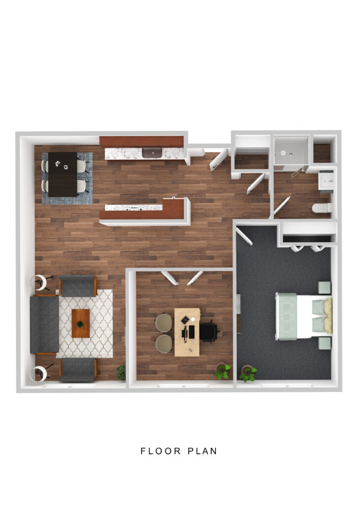 Bright and spacious senior living apartment floor plan at Vista Prairie North Pointe in North Mankato, featuring a living room, bedroom, kitchen, bathroom, and cozy office space.