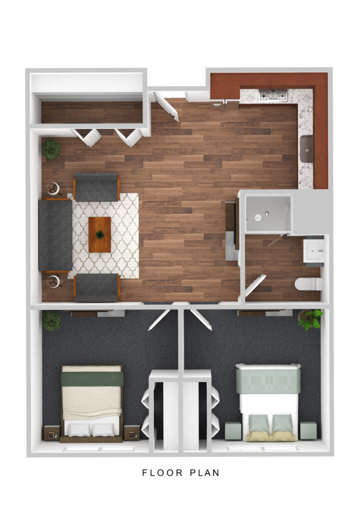 Comfortable senior apartment floor plan at Vista Prairie North Mankato, featuring living room, kitchen, two bedrooms, and bathroom, ideal for senior living in Minnesota.