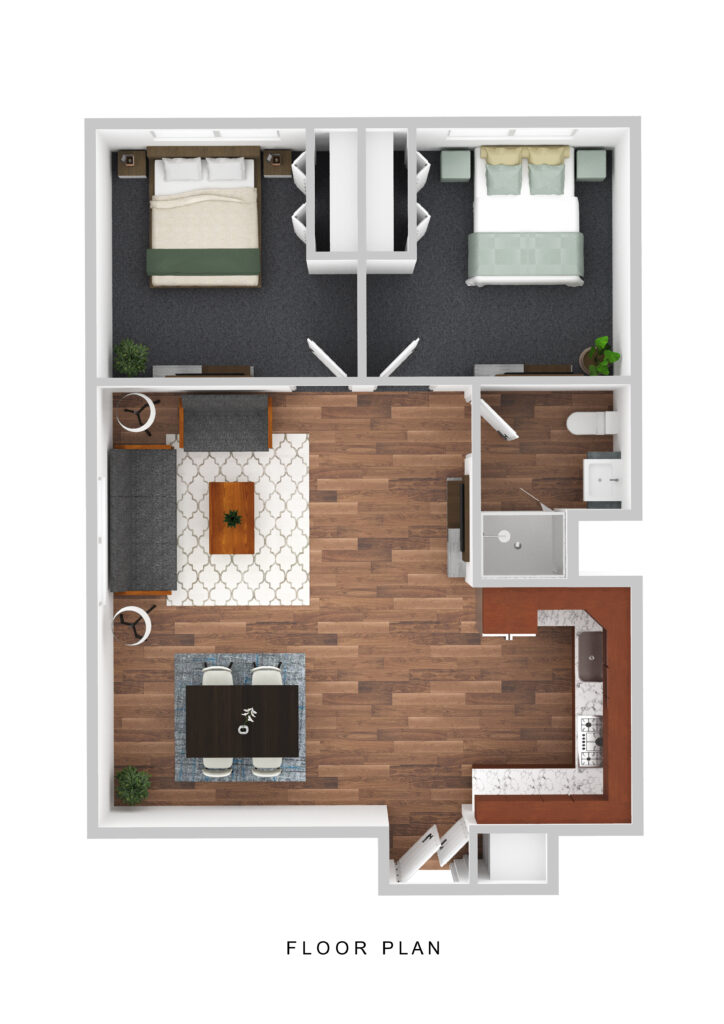 Spacious senior apartment floor plan at Vista Prairie North Pointe in North Mankato, featuring two bedrooms, a living area, dining space, and modern amenities for active senior living.