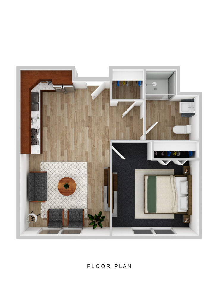 Comfortable senior apartment floor plan at Vista Prairie North Mankato in Minnesota, featuring a bedroom, living area, kitchen, bathroom, and walk-in closets designed for senior living.