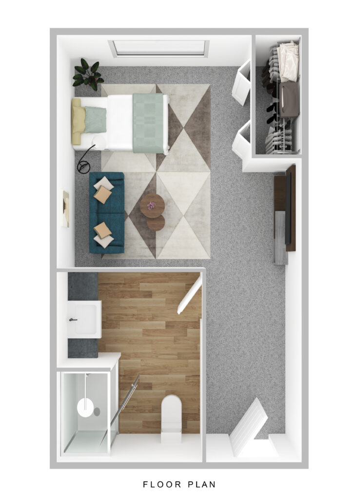 Comfortable senior living apartment floor plan at Vista Prairie at Garnette Gardens in Redwood Falls, MN, showcasing spacious bedroom, living area, and modern amenities for seniors.