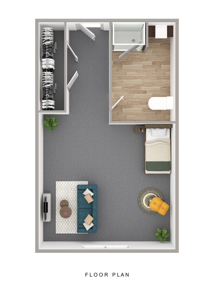 Bright senior apartment floor plan at Vista Prairie at Garnette Gardens in Redwood Falls, featuring a spacious living area, bedroom, walk-in closet, full bathroom, and modern amenities designed for senior living.