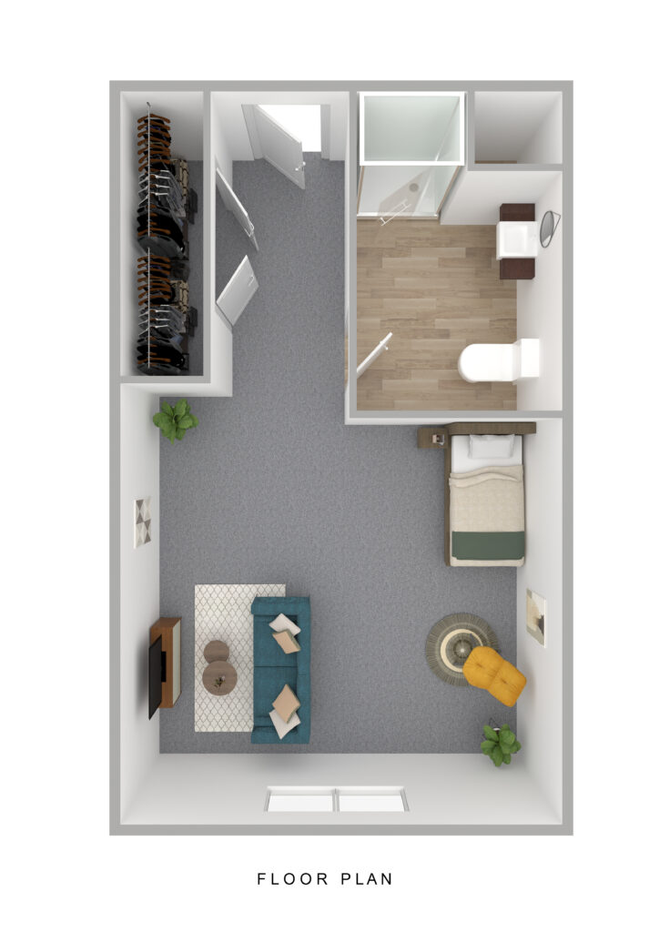 Spacious senior apartment floor plan at Vista Prairie Garnette Gardens with living area, bedroom, bathroom, walk-in closet, and kitchen details for comfortable senior living in Redwood Falls.