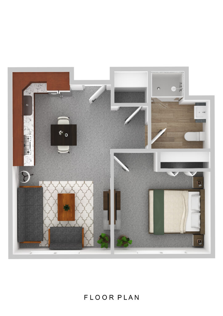 Bright, welcoming senior apartment at Vista Prairie at Garnette Gardens in Redwood Falls, MN, featuring a spacious living area, bedroom, full bathroom, and modern amenities for comfortable senior living.