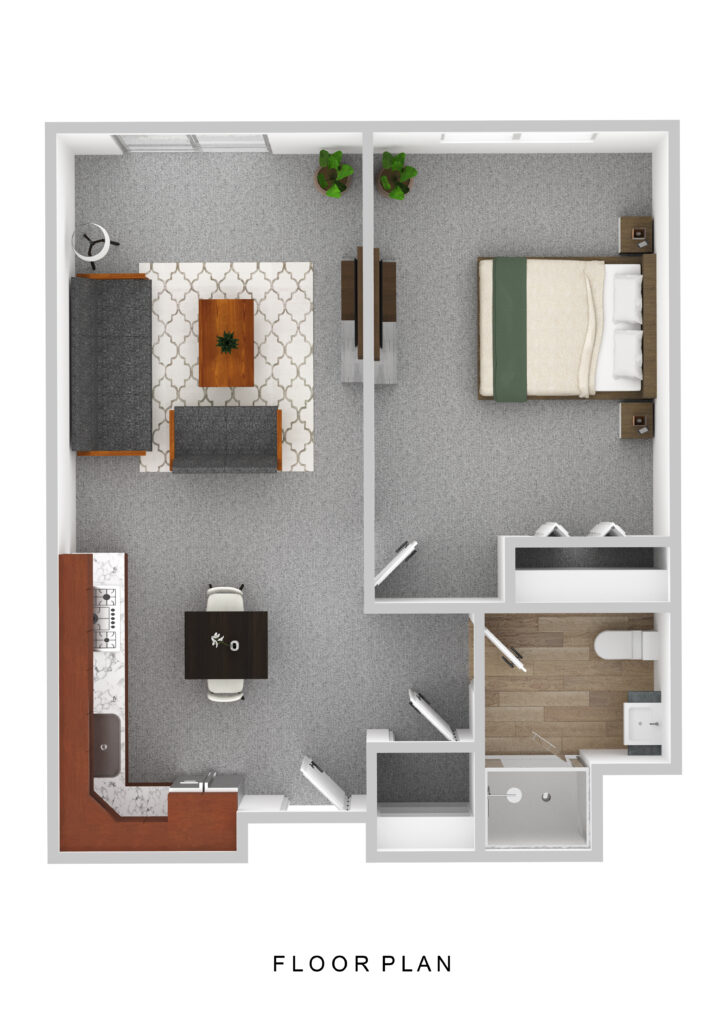 Cozy senior apartment floor plan at Vista Prairie at Garnette Gardens in Redwood Falls, MN, featuring a living area, bedroom, kitchen, and bathroom, ideal for comfortable senior living.