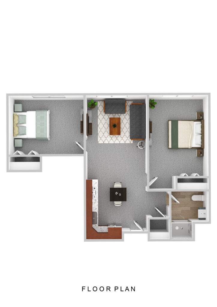Spacious senior apartment floor plan at Vista Prairie at Garnette Gardens in Redwood Falls, MN, featuring two bedrooms, living area, kitchen, and bathroom for comfortable senior living.