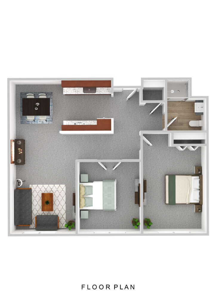 Spacious senior apartment floor plan at Vista Prairie at Garnette Gardens in Redwood Falls, MN, featuring modern living spaces, two bedrooms, a kitchen, and accessible bathroom facilities.