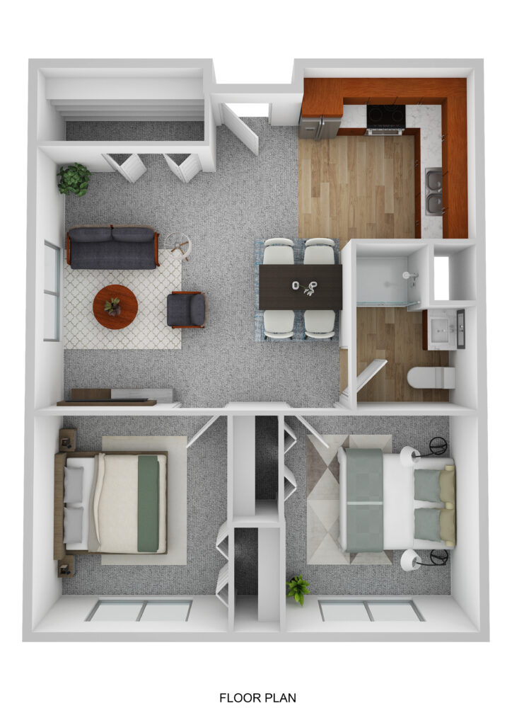 Spacious senior living apartment at Vista Prairie Garnette Gardens in Redwood Falls, featuring a welcoming living room, modern kitchen, two comfortable bedrooms, and accessible bathroom facilities.