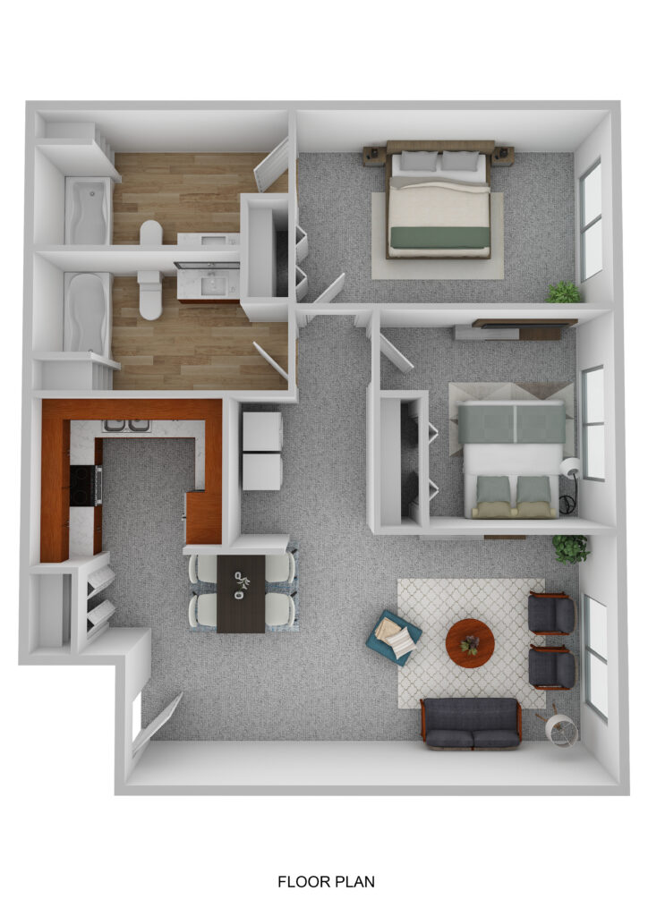 Comfortable senior apartment floor plan at Vista Prairie at Garnette Gardens in Redwood Falls, MN, featuring two bedrooms, two bathrooms, a kitchen, and a cozy living area for senior living.