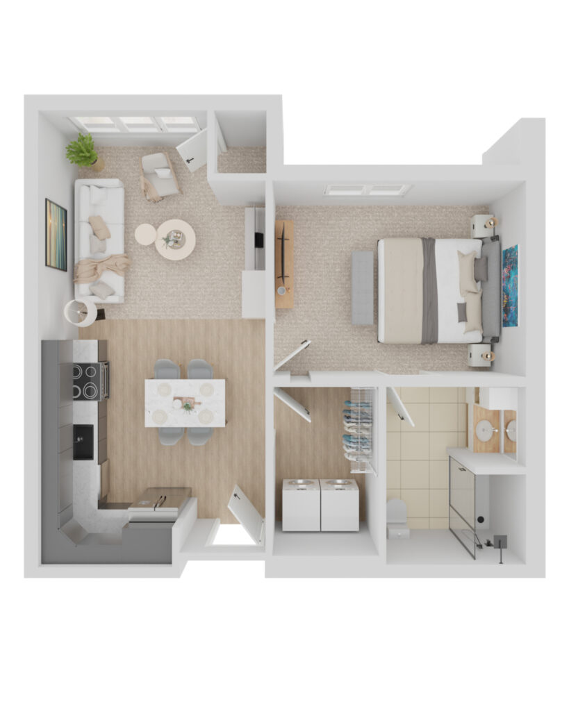 Spacious senior apartment layout at Vista Prairie at Eagle Pointe in St. Francis, MN, featuring a living room, bedroom, kitchen, and bathroom for comfortable senior living.