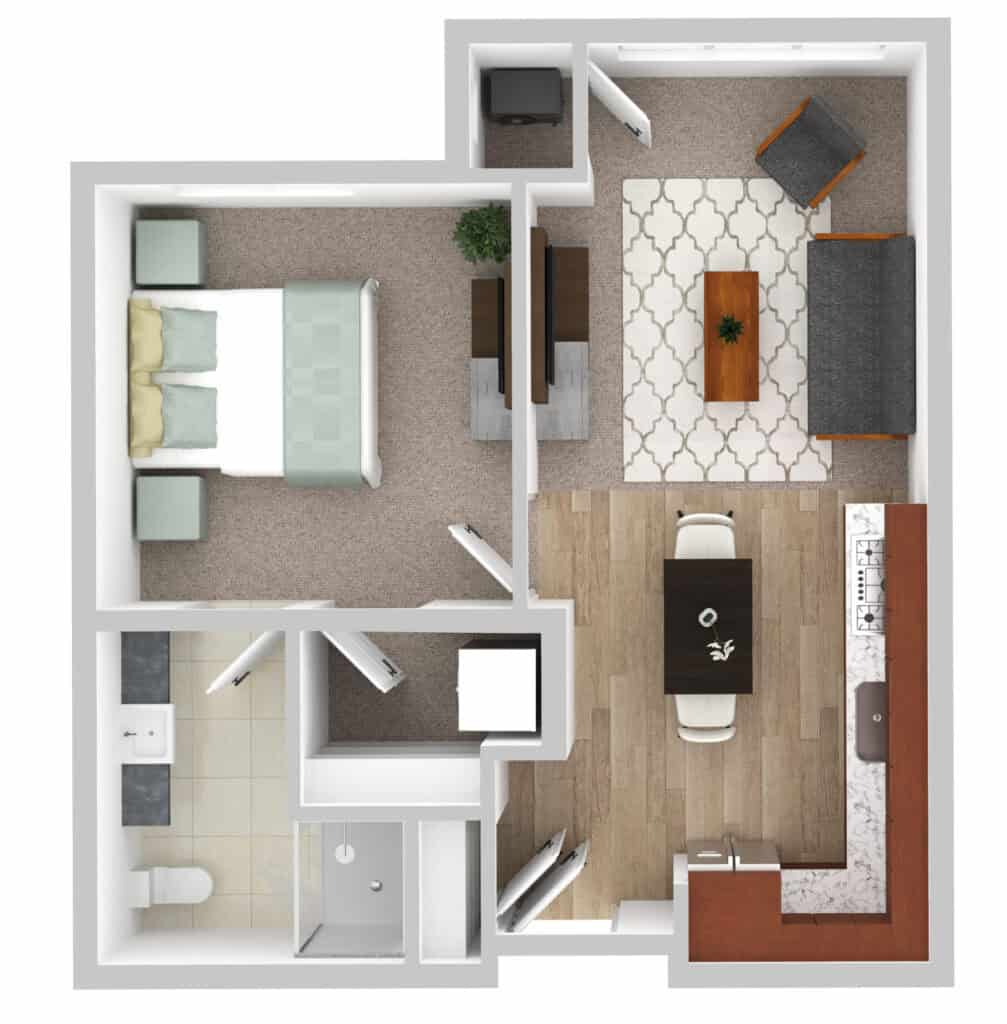 Bright senior apartment layout at Vista Prairie at Eagle Pointe, featuring a spacious bedroom, modern kitchen, cozy living room, and convenient bathroom, ideal for retirees seeking comfort in St. Francis, MN.