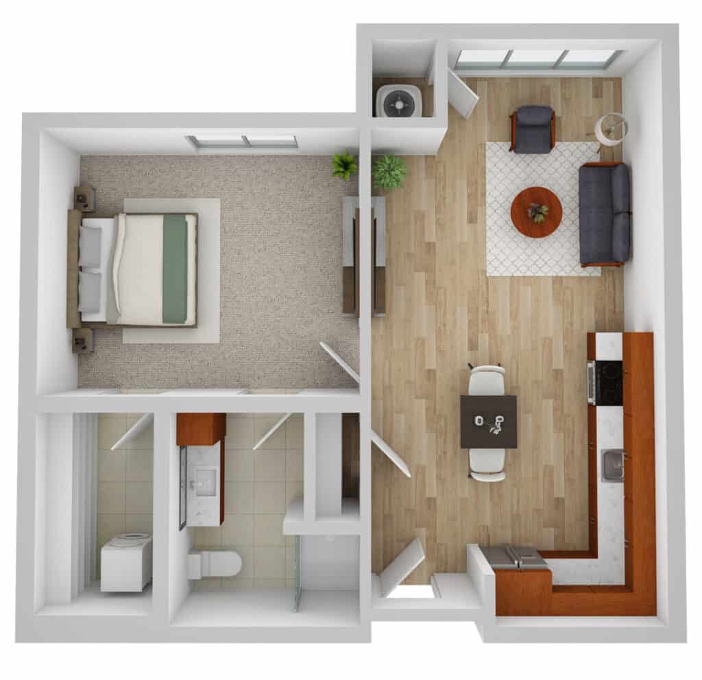 Spacious senior apartment at Vista Prairie at Eagle Pointe in St. Francis, MN, featuring a bedroom, living area, kitchen, and bathroom with modern amenities for senior living comfort.