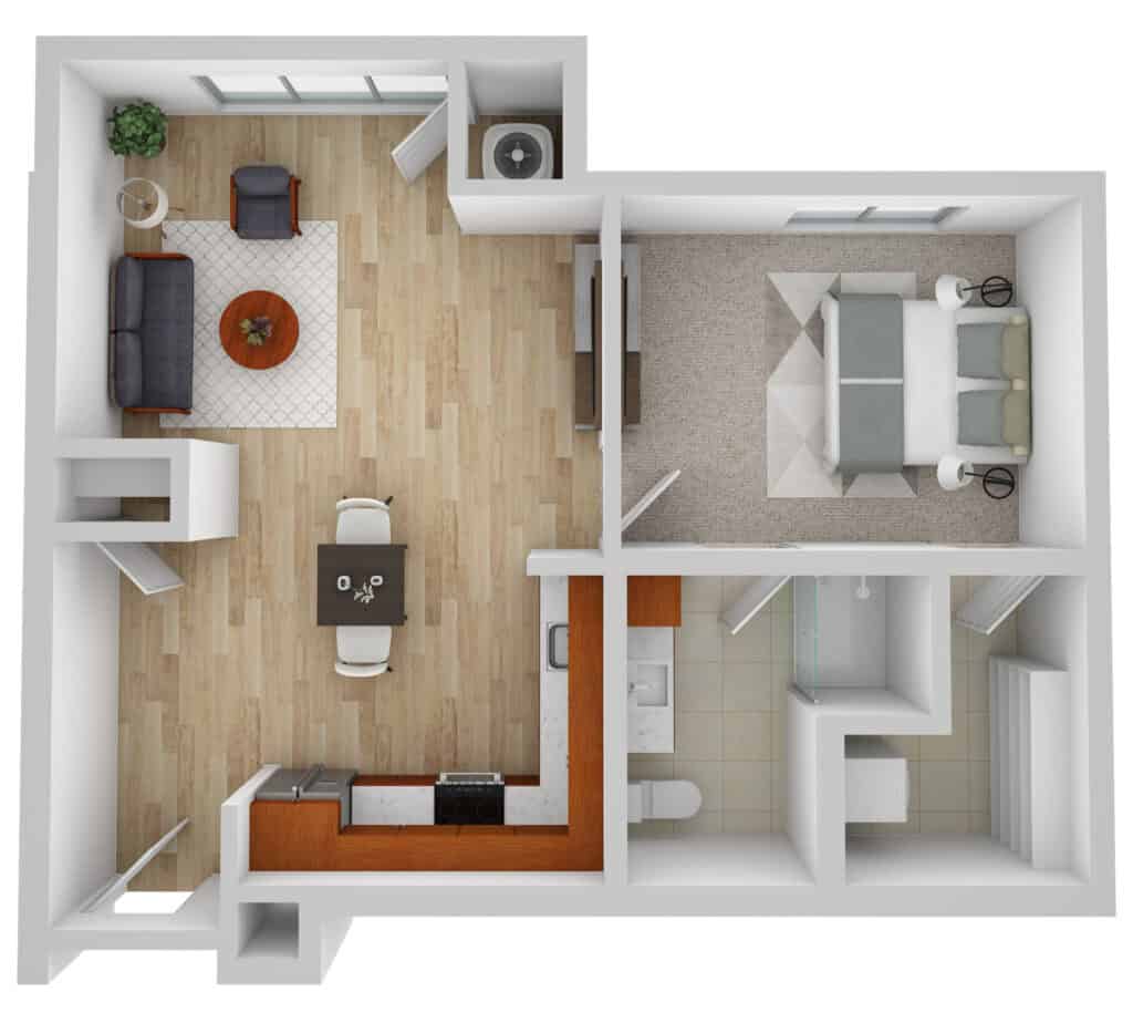 Spacious senior apartment interior at Vista Prairie at Eagle Pointe in St. Francis, MN with open living area, modern kitchen, bedroom, and accessible bathroom.