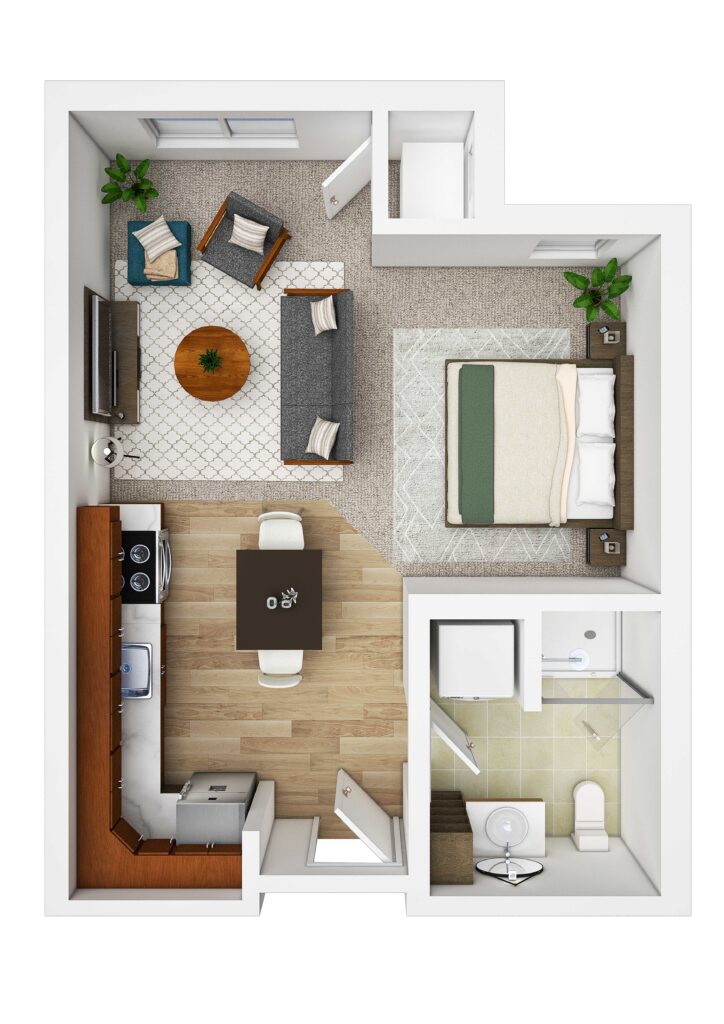Modern senior apartment layout at Vista Prairie at Eagle Pointe in St. Francis, MN, featuring comfortable living room, bedroom, kitchen, and bathroom for senior independent living.