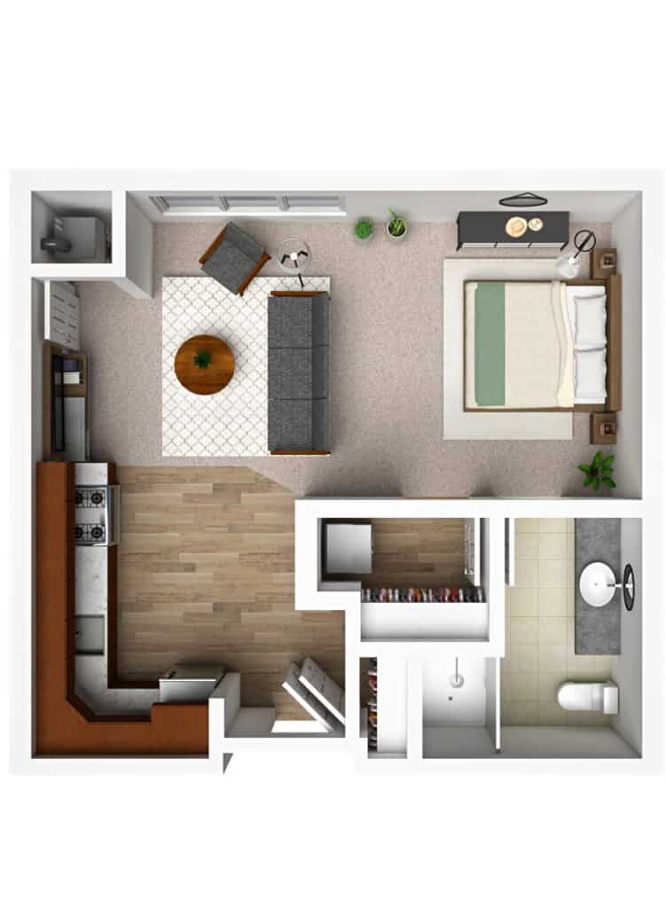 Bright senior apartment layout at Vista Prairie at Eagle Pointe in St. Francis, MN, featuring open living space, cozy bedroom, and modern kitchen in a senior living community.
