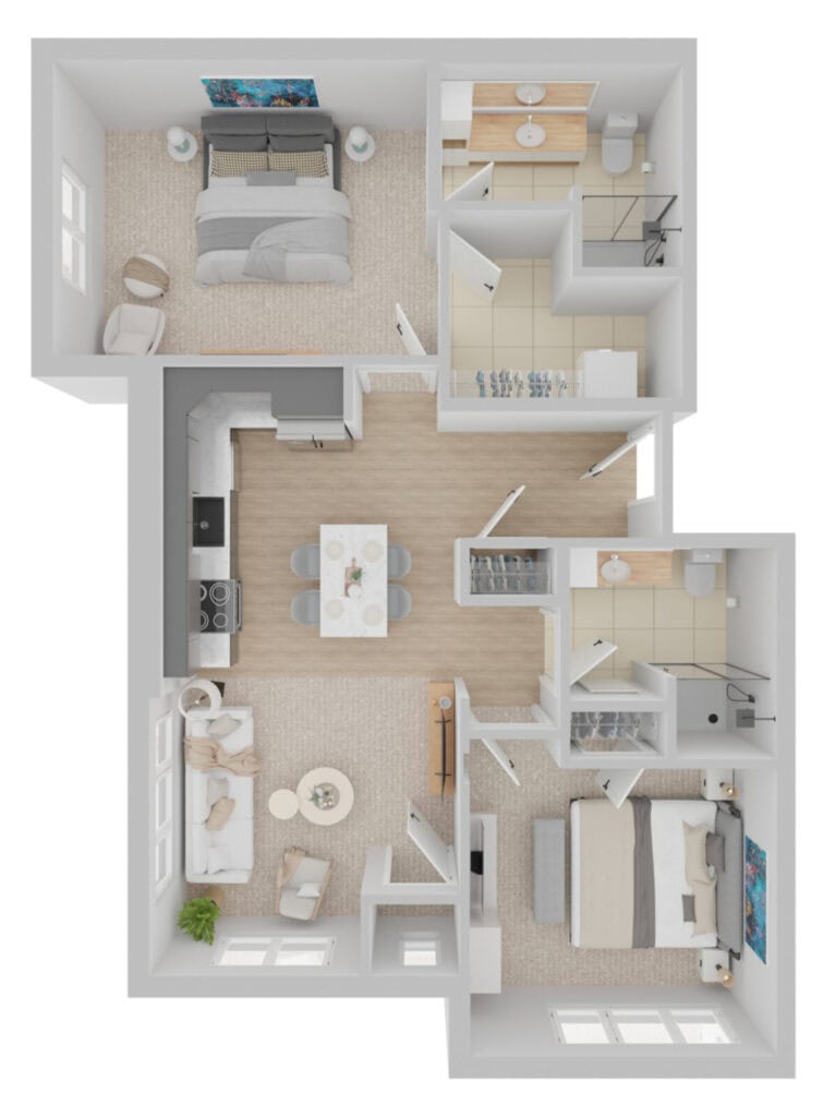 Spacious senior apartment at Vista Prairie at Eagle Pointe in St. Francis, MN with modern interiors, two bedrooms, and accessible bathrooms, offering comfort and independence for seniors.